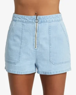 RVCA GOLDIE DENIM SHORTS Light Vintage Wash Clearance