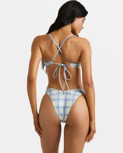 RVCA VINTAGE PLAID V MEDIUM FRENCH BIKINI BOTTOMS Coronet Blue Hot